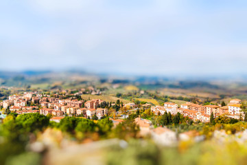 Panoramic view from San Gimignano, Tuscany, Italy. Miniature tilt shift lens effect.