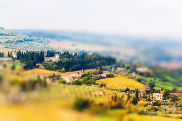 Panoramic view from San Gimignano, Tuscany, Italy. Miniature tilt shift lens effect.
