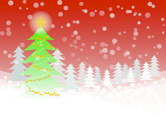 Red Christmas greeting light trees with snowfall background.