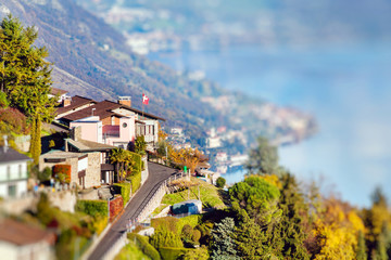 Panoramic view on Monte Bre, Lugano, Switzerland. Miniature tilt shift lens effect.