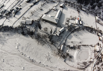 aerial view of winter village