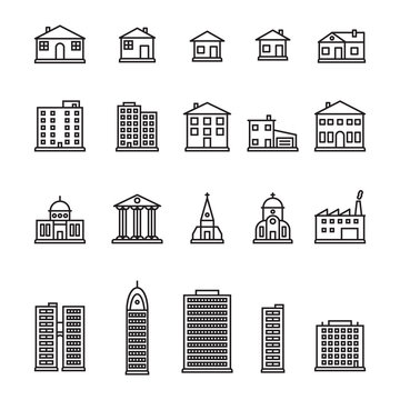 Thin line buildings icon set. Pixel perfect vector.