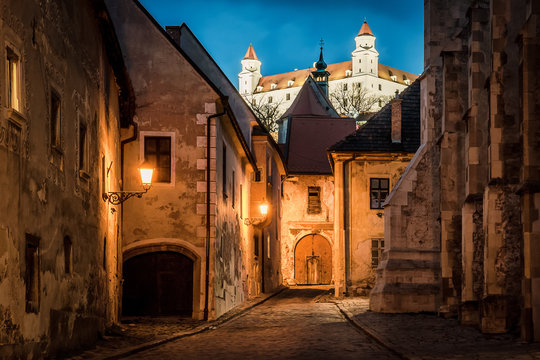 Lightened castle over night old town of Bratislava, Slovakia