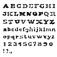 Vintage retro old aged typeface. Stamped alphabet. All caps, num