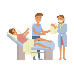 The process of giving birth concepts set. Woman during childbirth, family in the maternity ward, obstetrician is delivering a child. Vector illustration for infographic