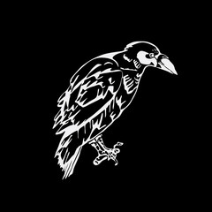 Hand-drawn pencil graphics, bird, raven, crow, rook. Linocut, stencil style.