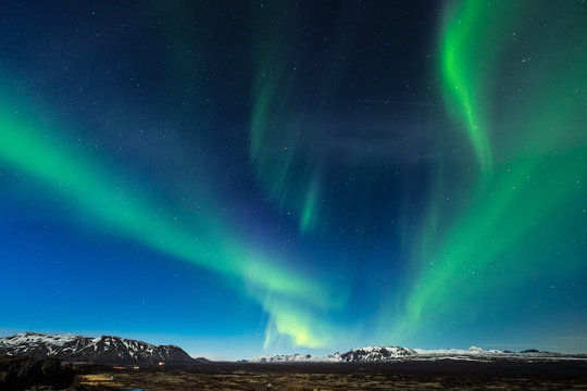 Aurora borealis over the Thingvellir National Park - Iceland