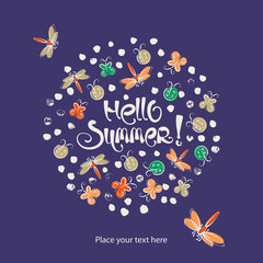 Abstract insects circle vector summer background. Hello summer lettering. Grunge nature background