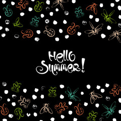 Abstract summer insects black vector background. Grunge nature illustration