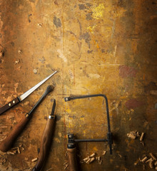 Hand tools Wood on an old wooden workbench