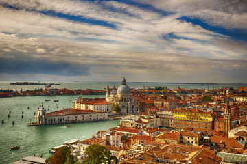 Fototapeta premium Venice aerial cityscape view of Basilica Santa Maria della Salute from San Marco Campanile. Venice, Italy.