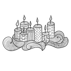 Festive candles with a beautiful pattern. Doodles art. Christmas decoration New Year. Printing on T-shirts, banners, posters, cover. Coloring page book for adults and children.