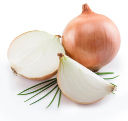 Bulb onions and green onions isolated on a white background.