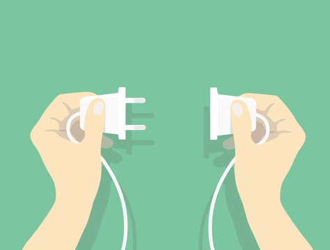 Two hands trying to connect electric plug together, Connection vector illustration in flat style
