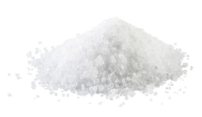 Pile of white rock salt on the white background.