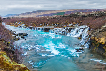 Hraunfossar and Barnafossar Waterfall in Iceland