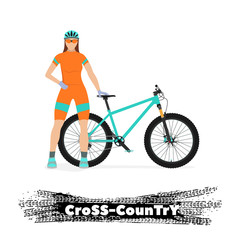Girl - cyclist with a bicycle on a white background with the word "Cross-Country" below. Equipment and bike for "Cross-Country".