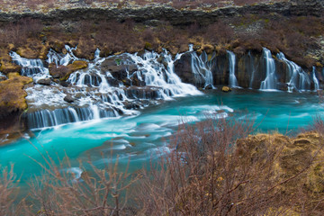 Hraunfossar and Barnafossar Waterfall in Iceland