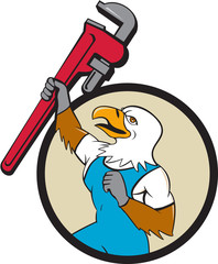 Plumber Eagle Raising Up Pipe Wrench Circle Cartoon