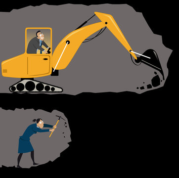 Businesswoman digging a tunnel with a pickaxe while her male co-worker using an excavator, EPS 8 vector illustration