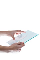 Hands pretending to use digital tablet