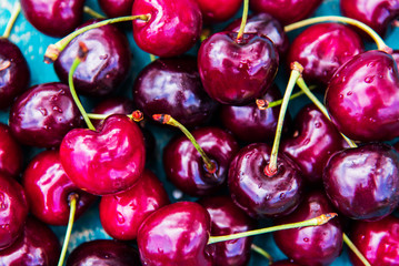 Cherry on a blue wooden background.