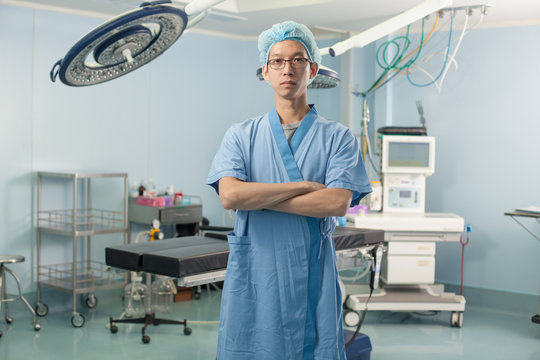 operation doctor, a male surgeon doctor crossing his arm in the operation room with equipment