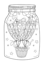 Hand drawn doodle outline air balloon in flight