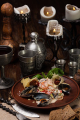seafood salad with sauce and sun-dried tomatoes