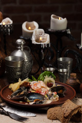 seafood salad with sauce and sun-dried tomatoes