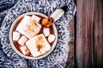 hot chocolate with marshmallows and cinnamon in mug