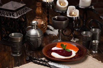 Obraz na płótnie Canvas pear in white and red wine sauce