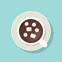 Cup of cacao with marshmallows and ground cinnamon. Top view
