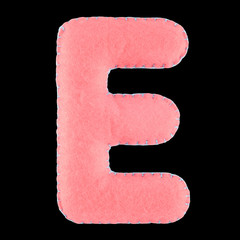 E- letter from pink felt. Collection of colorful handmade English alphabet isolate on black...