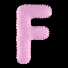 F- letter from violet felt. Collection of colorful handmade English alphabet isolate on black...