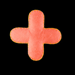 Handmade plus sign from felt. Symbol plus in mathematics. Collection of colorful handmade English...