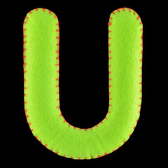 U- letter from green felt. Collection of colorful handmade English alphabet isolate on black...