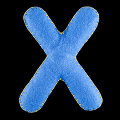 X- letter from blue felt. Collection of colorful handmade English alphabet isolate on black...