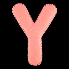 Y- letter from pink felt. Collection of colorful handmade English alphabet isolate on black...