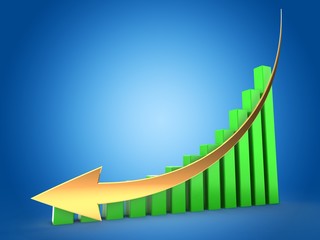 3d illustration of green bars over blue background with down golden arrow