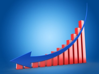 3d illustration of red charts over blue background with down arrow