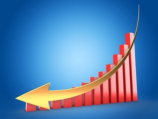 3d illustration of red charts over blue background with down golden arrow