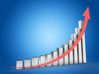 3d illustration of steel charts over blue background with red arrow up