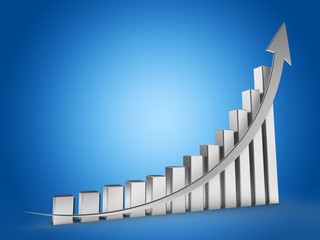 3d illustration of steel charts over blue background with silver arrow up