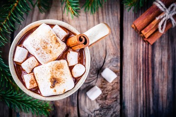 hot chocolate with marshmallows and cinnamon in mug