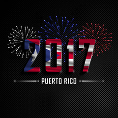 Happy New Year and Merry Christmas. Wavy flag of Puerto Rico. Colorful fireworks. Beautifully decorated congratulations country.Merry Christmas greeting. Holiday card, banner.