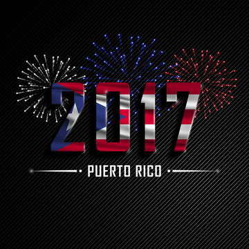 Happy New Year and Merry Christmas. Wavy flag of Puerto Rico. Colorful fireworks. Beautifully decorated congratulations country.Merry Christmas greeting. Holiday card, banner.