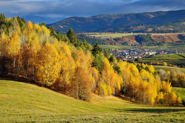 Fall in Slovakia. Meadows and fields landscape. Autumn color trees.