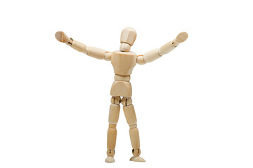 Wooden man practices yoga and fitness