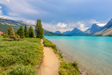 Fragment of mountain Bow lake trail in Alberta, Canada, Rocky Mountains.